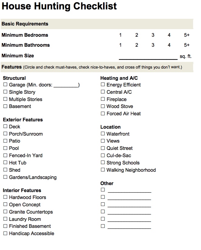 House Hunting Checklist